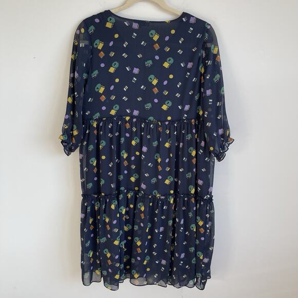 Jian Ruyi 2XL Blue Printed Semi Sheer Tiered Midi Dress Sheer Puff Sleeves - Picture 6 of 11